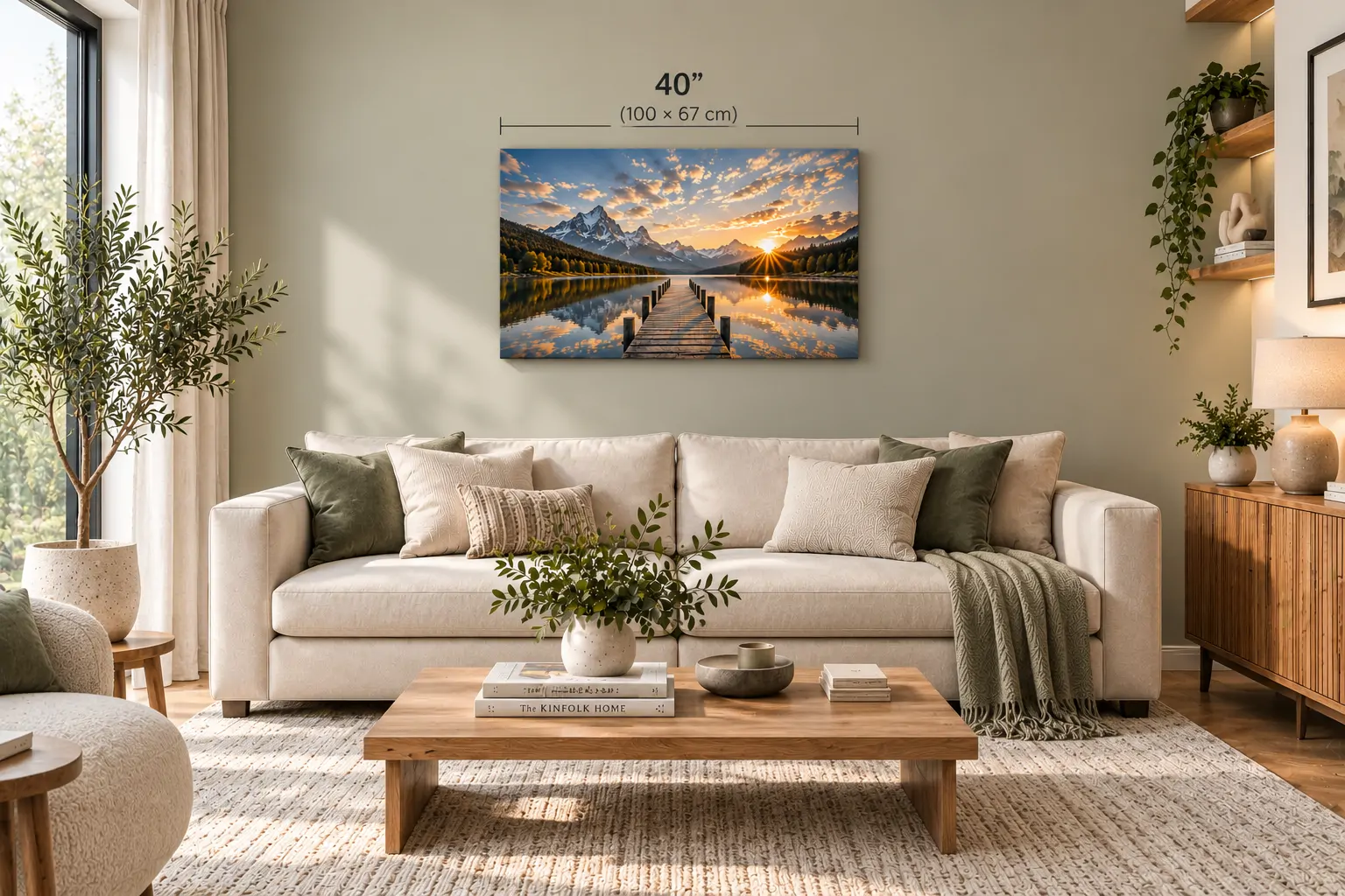 40 inch canvas print displayed above a neutral living room sofa
