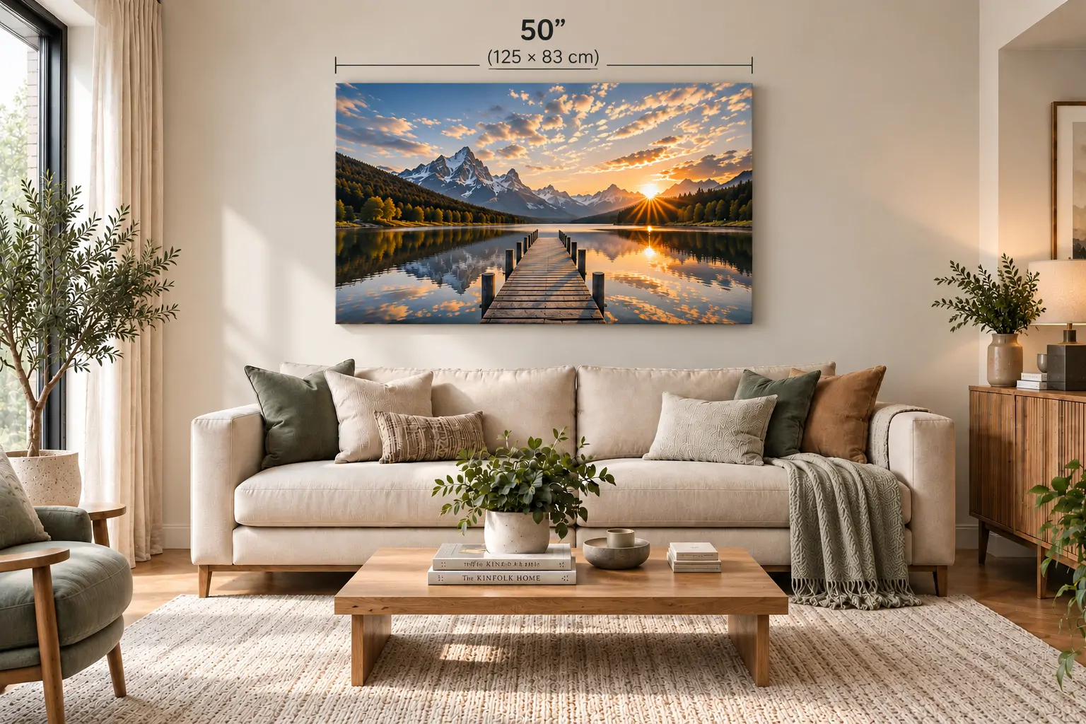 50 inch canvas print above the same neutral sofa