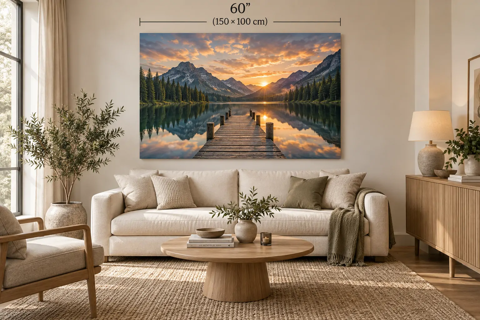 Large 60 inch canvas print above a contemporary sofa