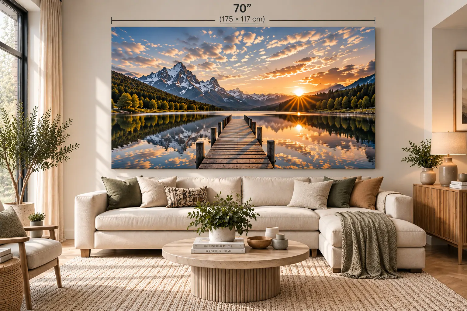 Extra large 70 inch statement canvas covering much of a large living room wall
