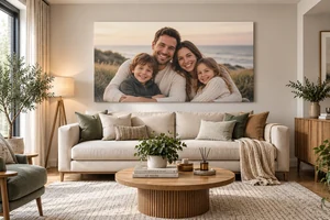 Large family portrait canvas above a sofa