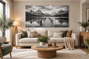 Black and white photo canvas above a contemporary sofa