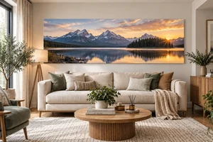 Wide panoramic landscape canvas in a living room