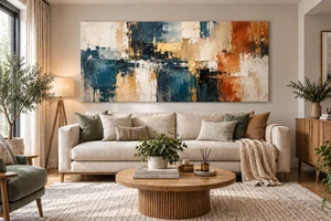 Large bold abstract canvas above a modern sofa