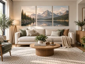 Three panel split canvas displayed above a sofa