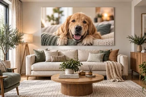 Large pet portrait canvas above a sofa