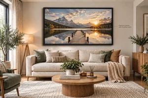 Floating framed canvas above a modern sofa