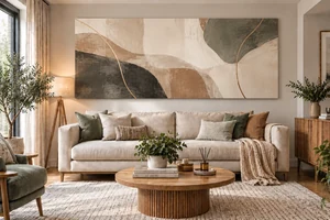 Soft neutral wall art canvas in a minimalist living room
