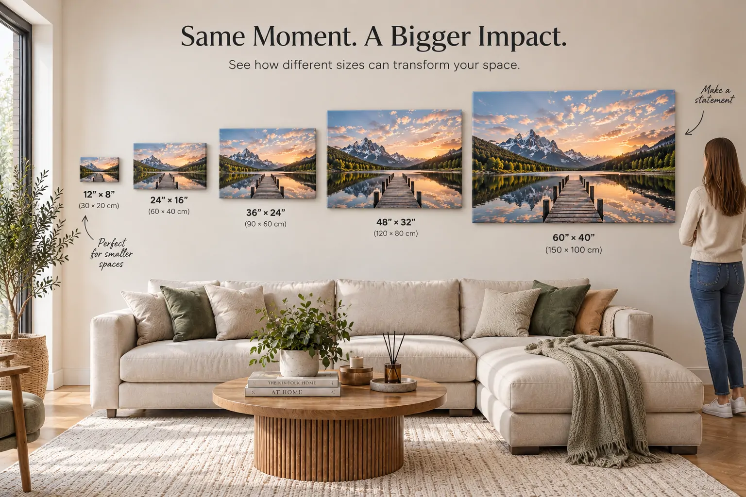 Comparison showing small canvas and extra large canvas above the same sofa
